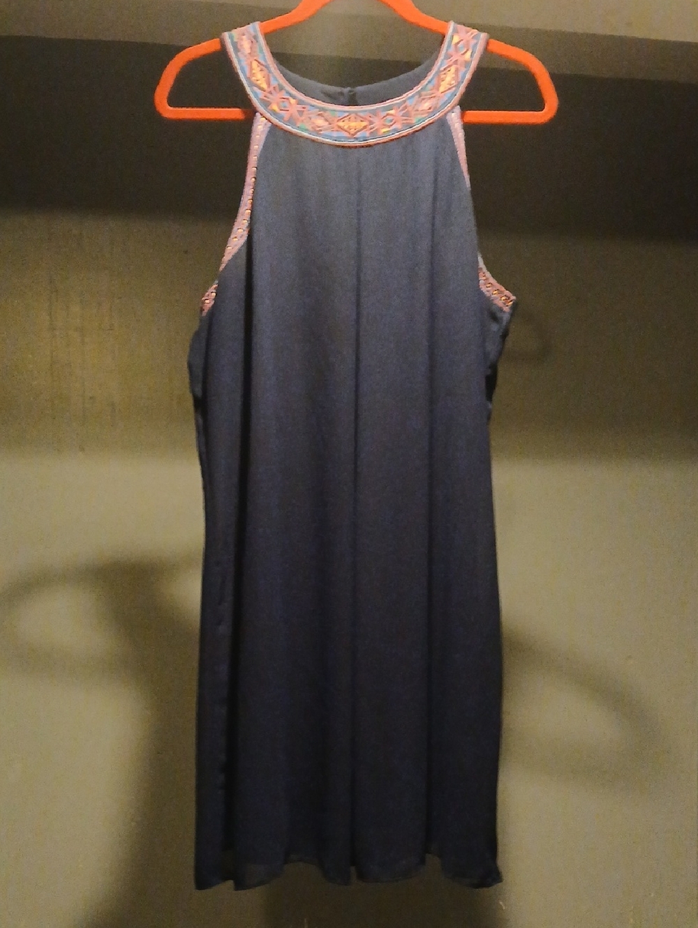 Navy Sleeveless Halter Dress with Embroidered Yoke